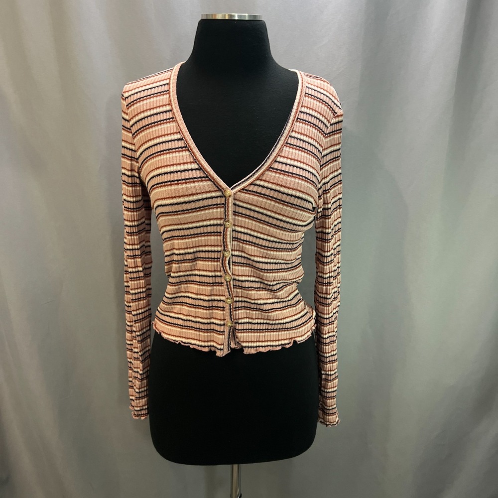 Sky And Sparrow Cropped Top Womens Large Multicolor Striped Knit Button Front